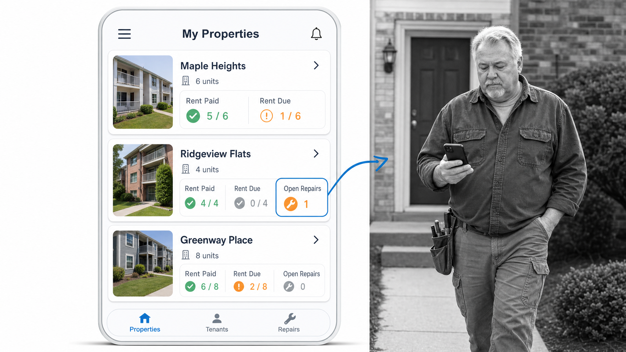 RentRedi mobile landlord dashboard with property cards, rent status, tenant details, and repairs