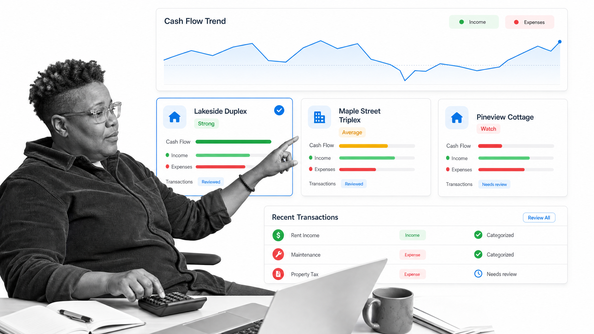 Stessa rental property financial dashboard with cash flow, transactions, and property performance