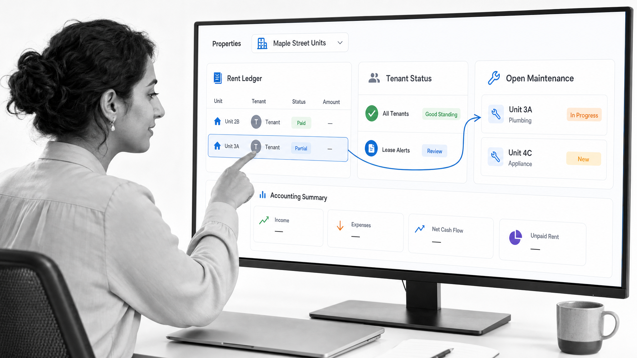 TenantCloud property dashboard combining rent records, property accounting, tenants, and maintenance