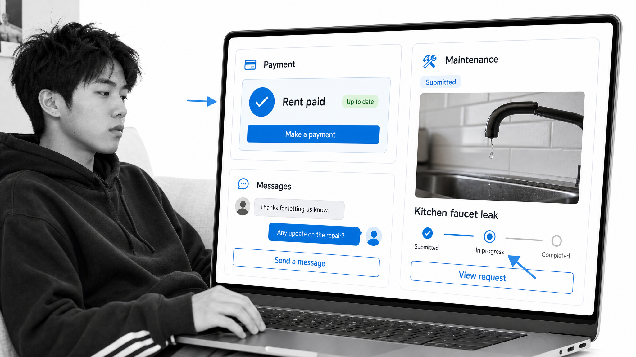 TurboTenant portal with rent payment status, landlord messages, and a maintenance request