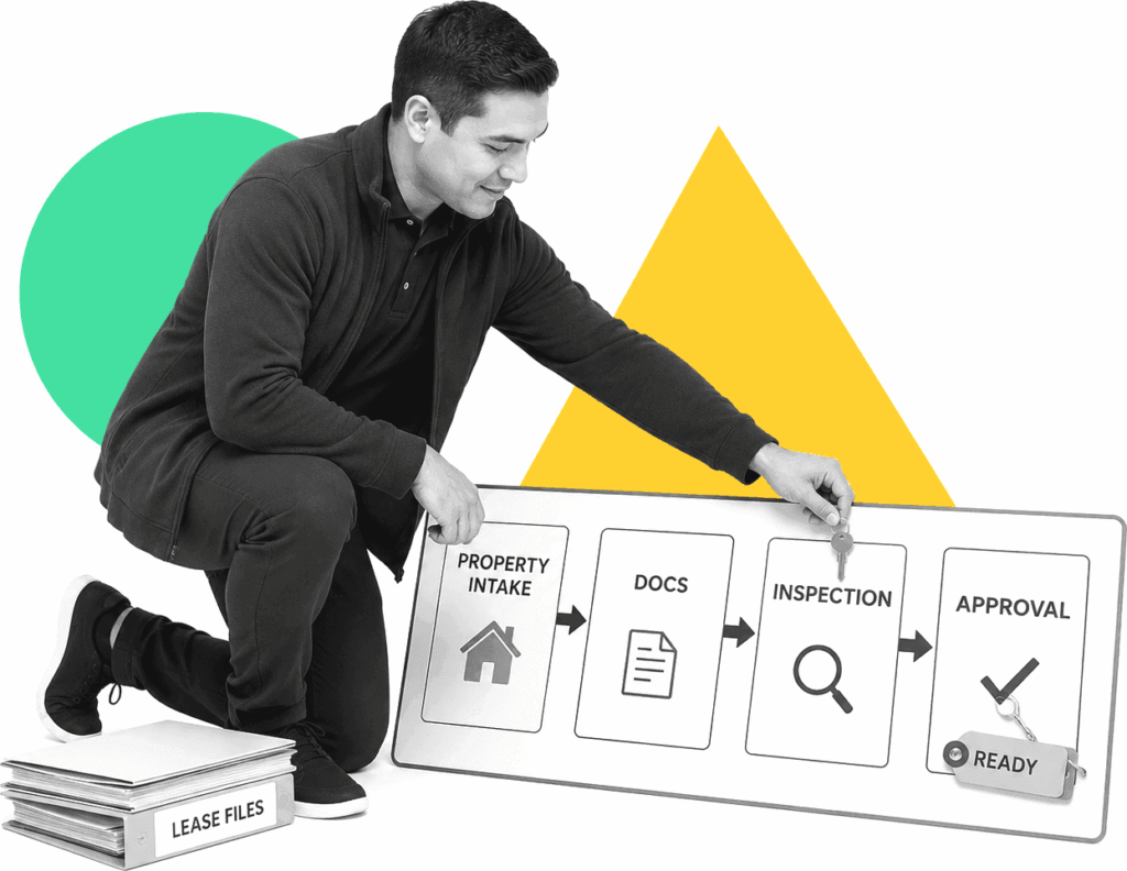 A property operations manager checking labeled onboarding workflow cards.