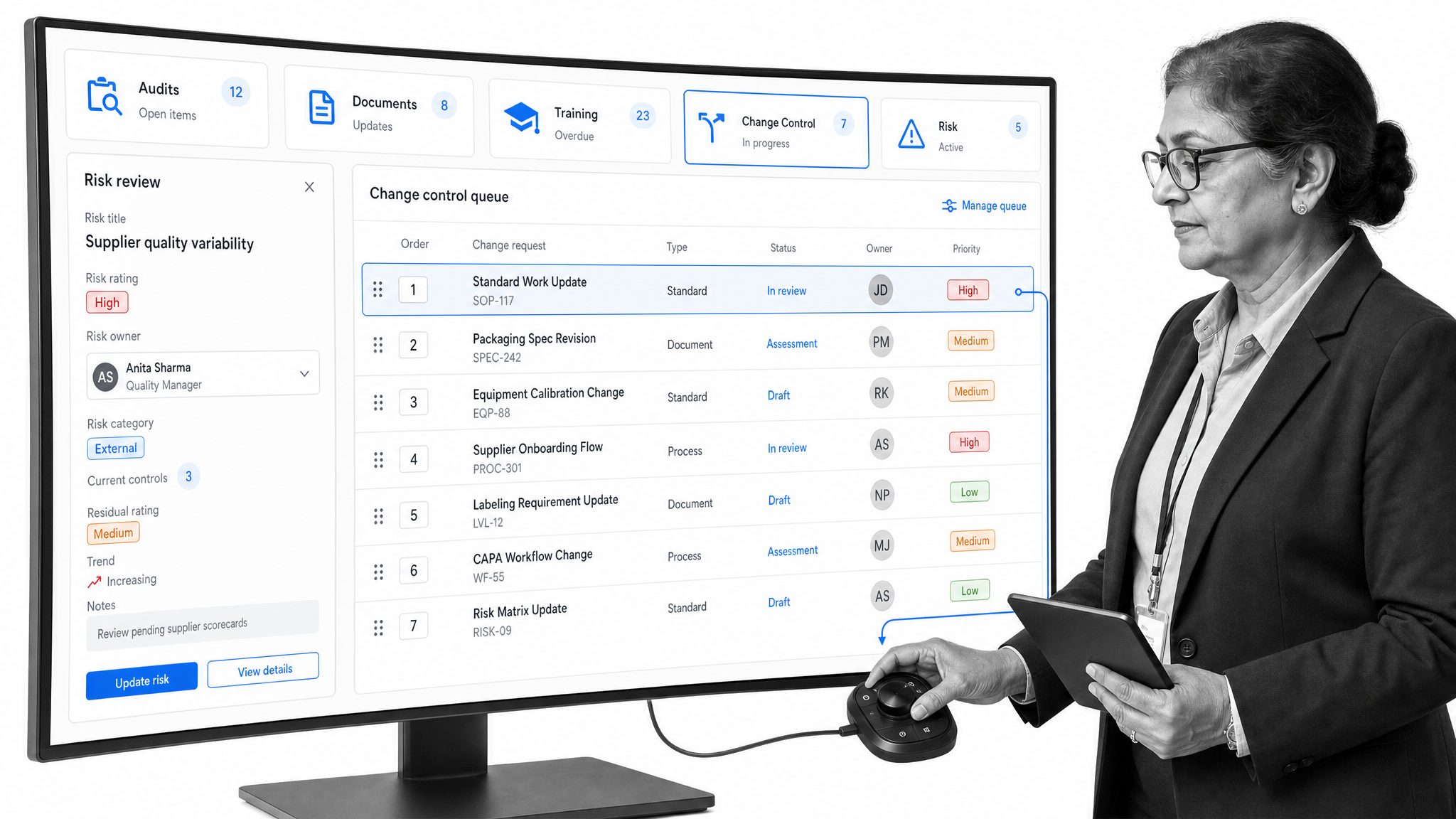 Enterprise quality administrator configuring audit, document, training, change, and risk work in Octave Reliance