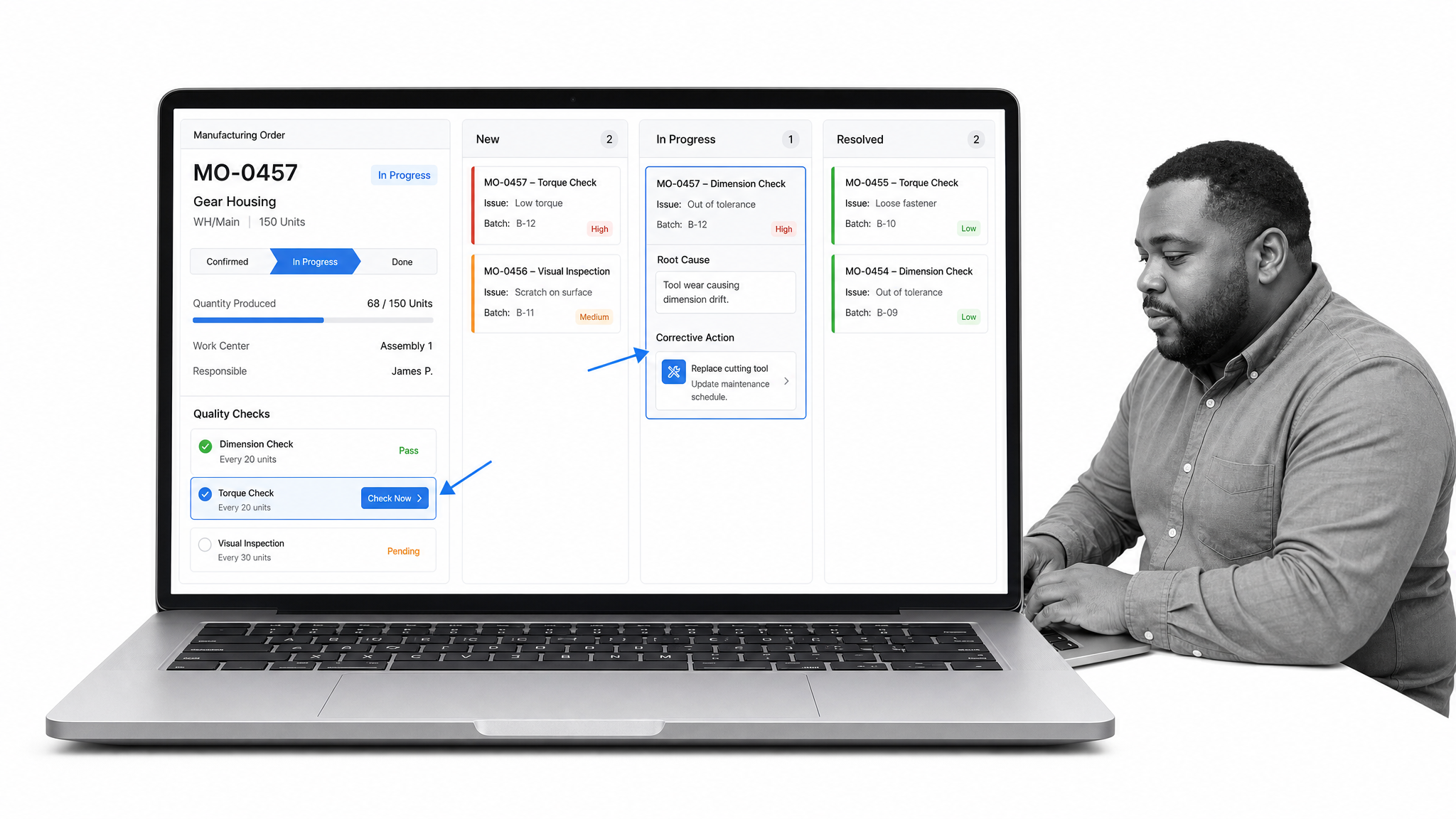 Production planner reviewing manufacturing quality checks and alert cards in Odoo Quality