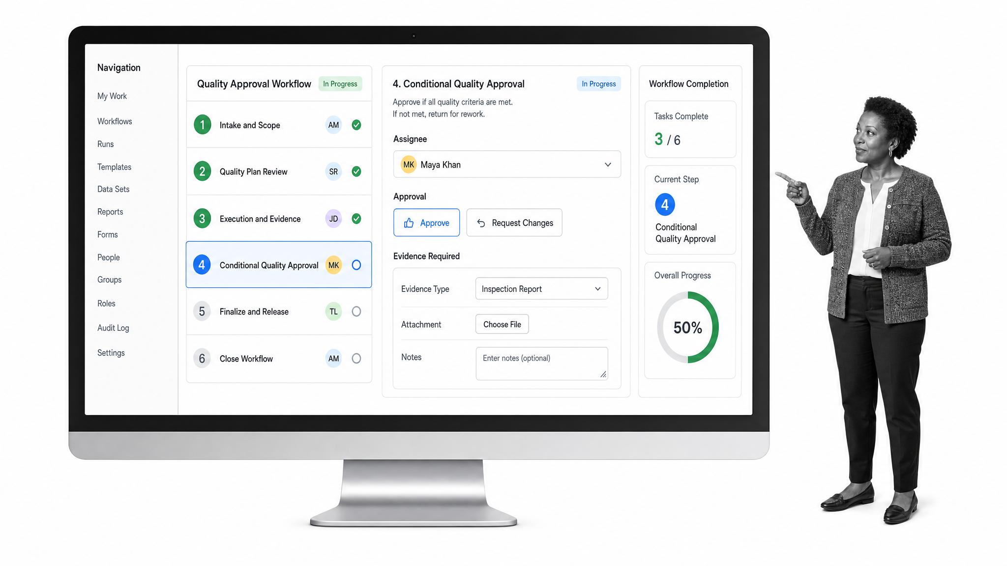 Quality operations manager reviewing a Process Street quality approval workflow with assigned tasks and approval controls