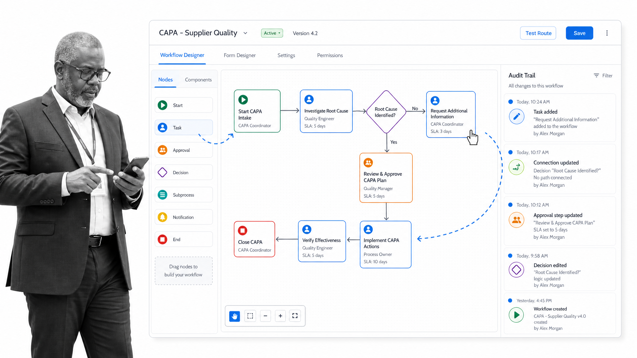 AssurX low-code workflow designer interface showing CAPA
