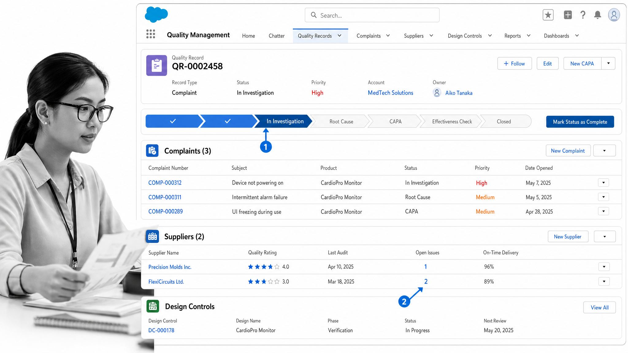 ComplianceQuest Salesforce-style record interface showing complaints