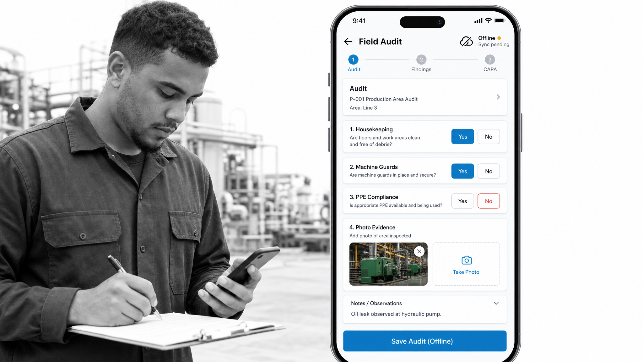 Ideagen Quality Management mobile audit form interface showing smart forms