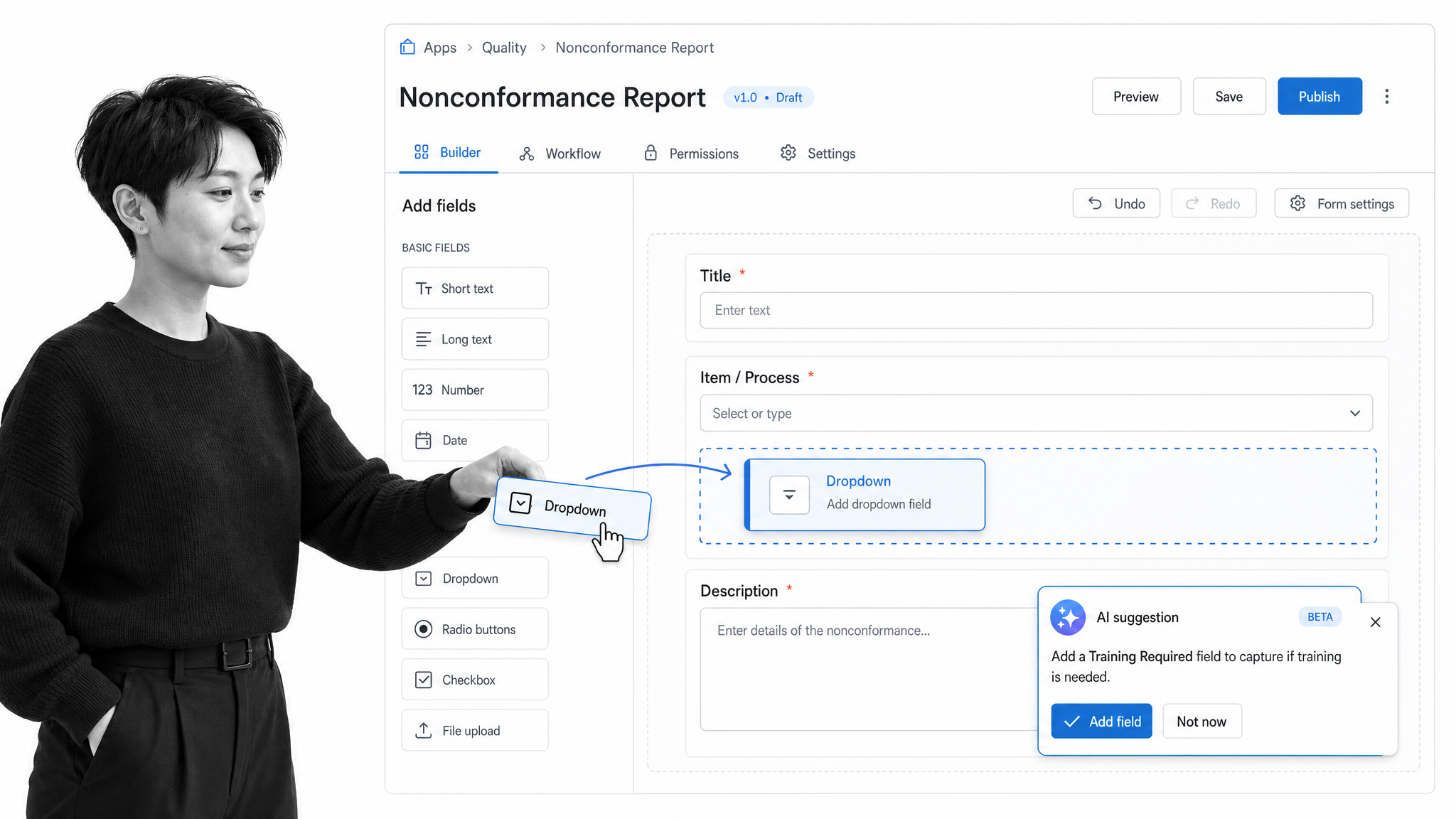 Intellect no-code app builder interface showing no-code builder