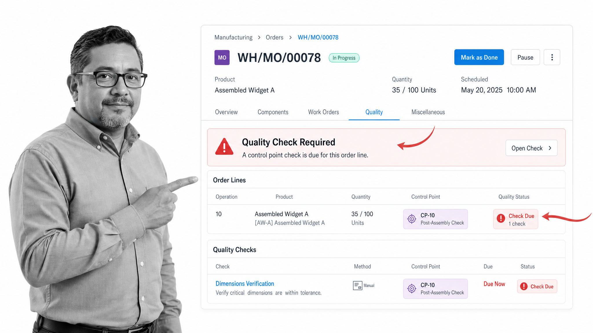 Odoo Quality quality check in order interface showing quality checks