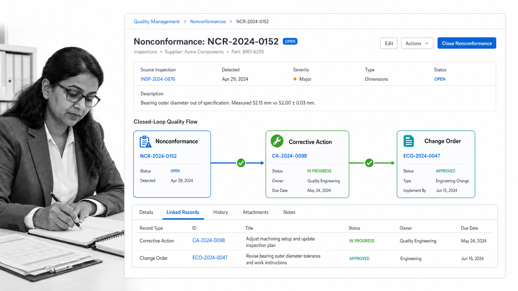 Oracle Fusion Cloud Quality Management closed-loop quality flow interface showing inspection management