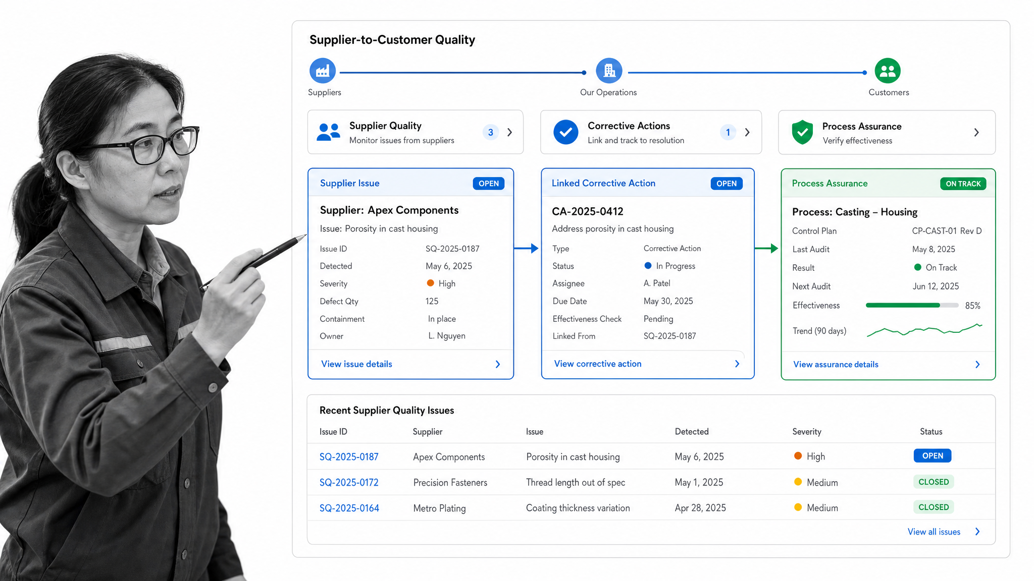 QAD EQMS supplier-to-customer quality view interface showing corrective actions