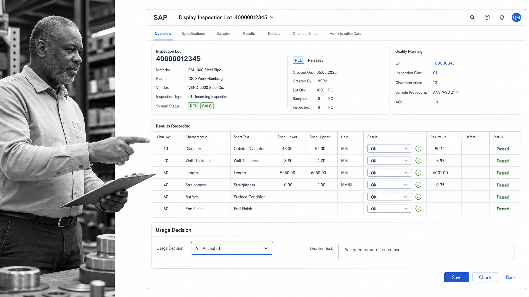 SAP Quality Management ERP inspection screen interface showing quality planning