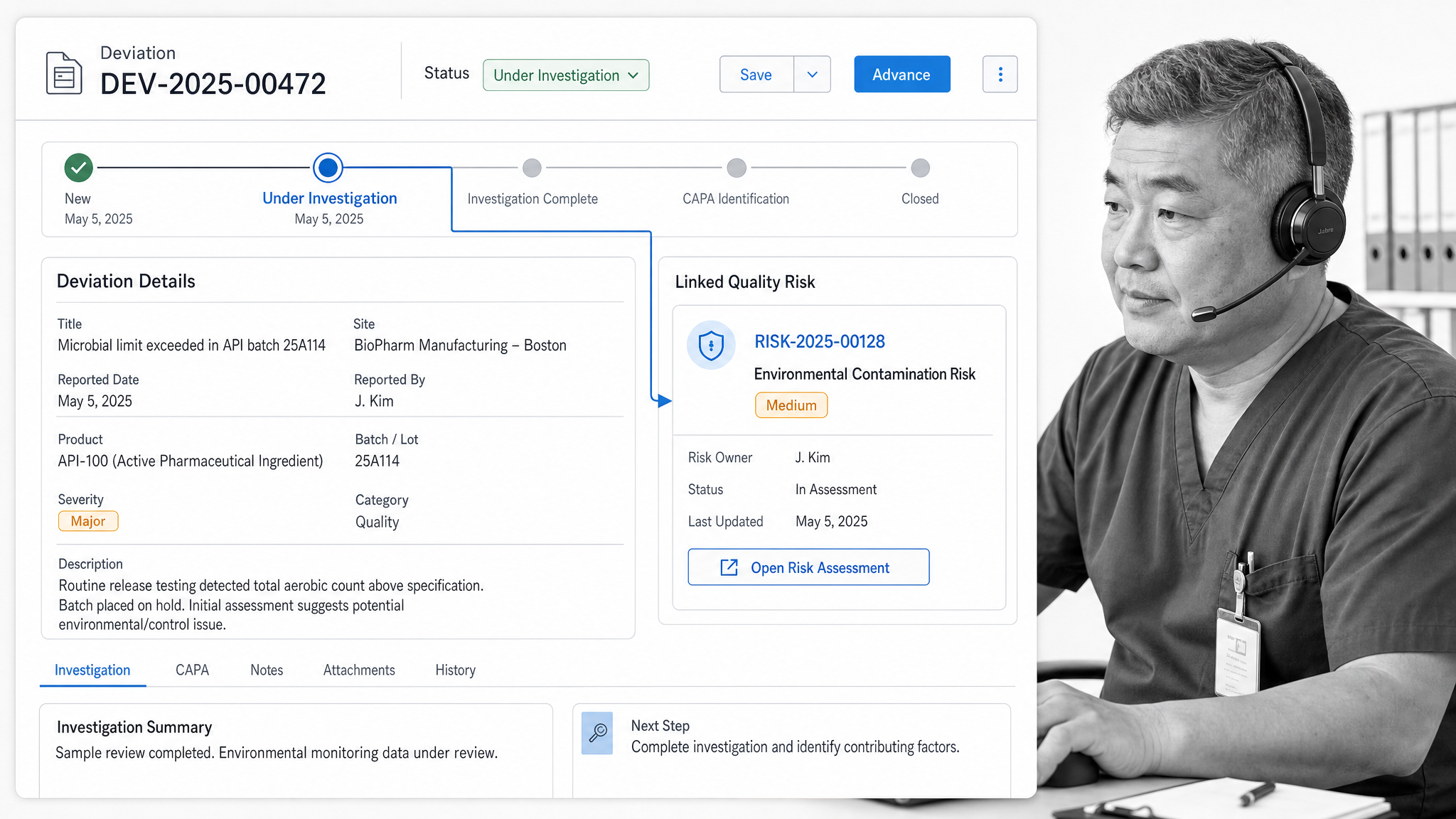 Veeva Vault QMS quality event record interface showing deviations