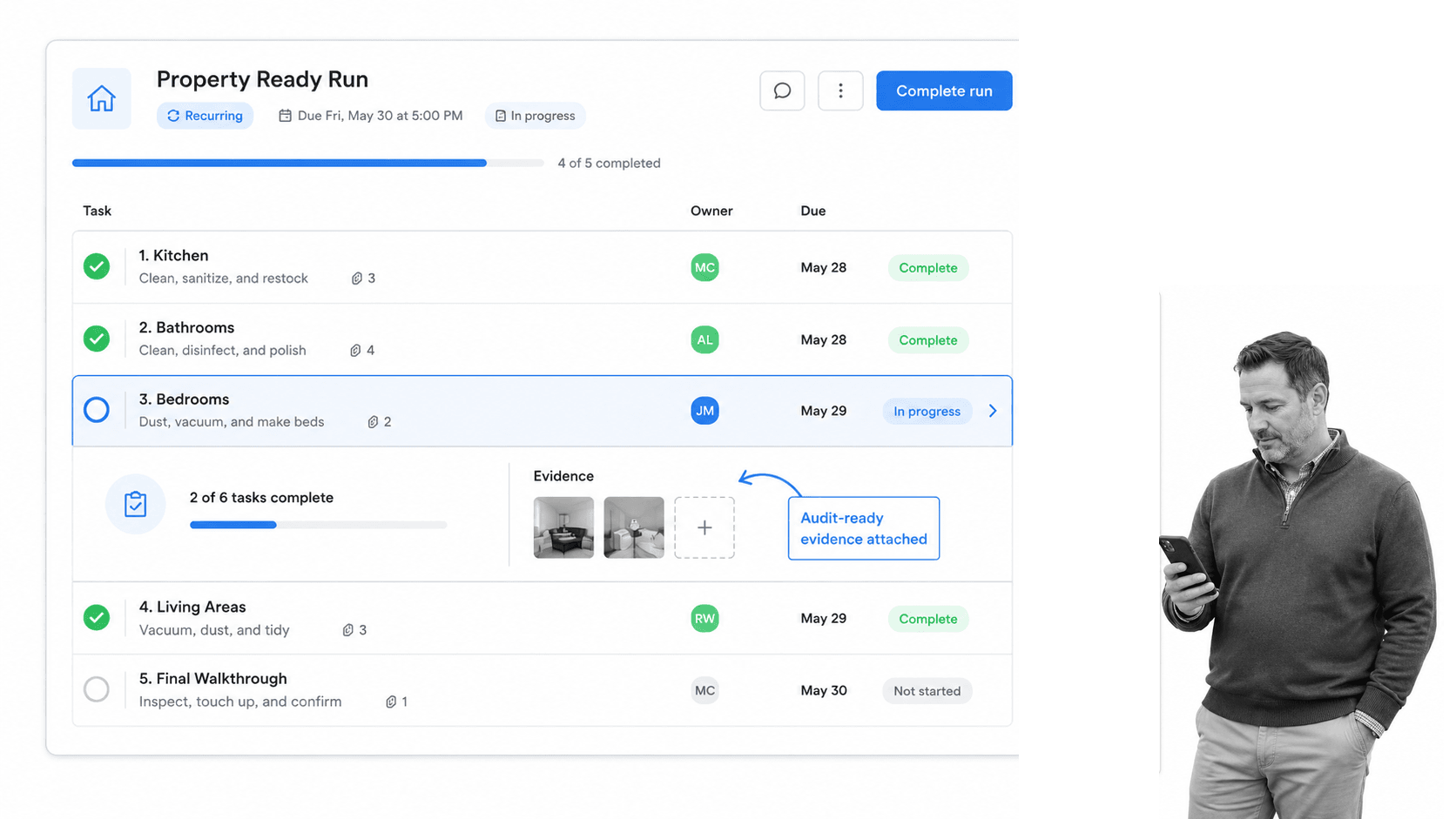 Property cleaning workflow UI with room-by-room tasks and evidence