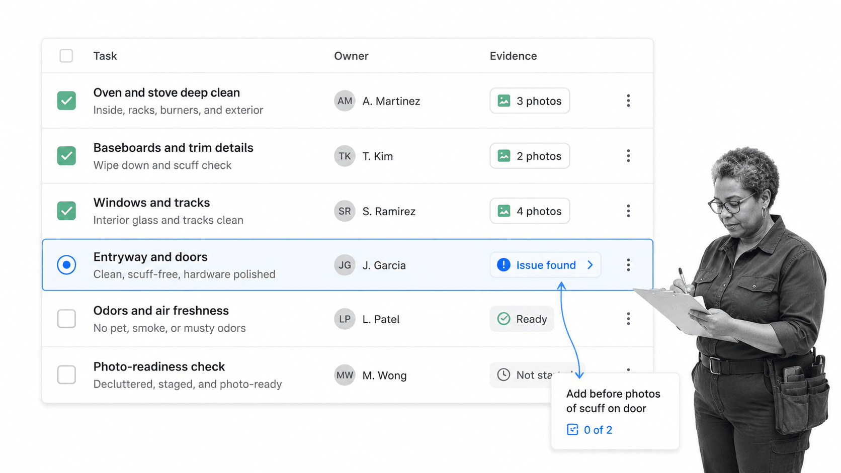 Pre-listing cleaning workflow UI with photo-readiness checks