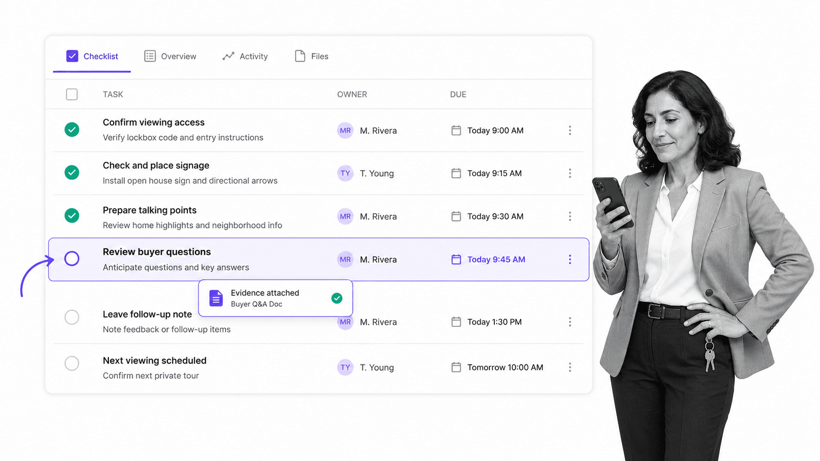 Open house and private viewing checklist UI with follow-up tasks