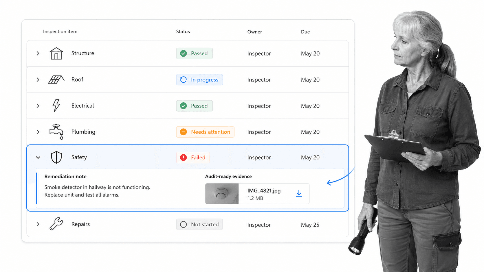 Home inspection checklist UI with remediation notes and evidence attachments