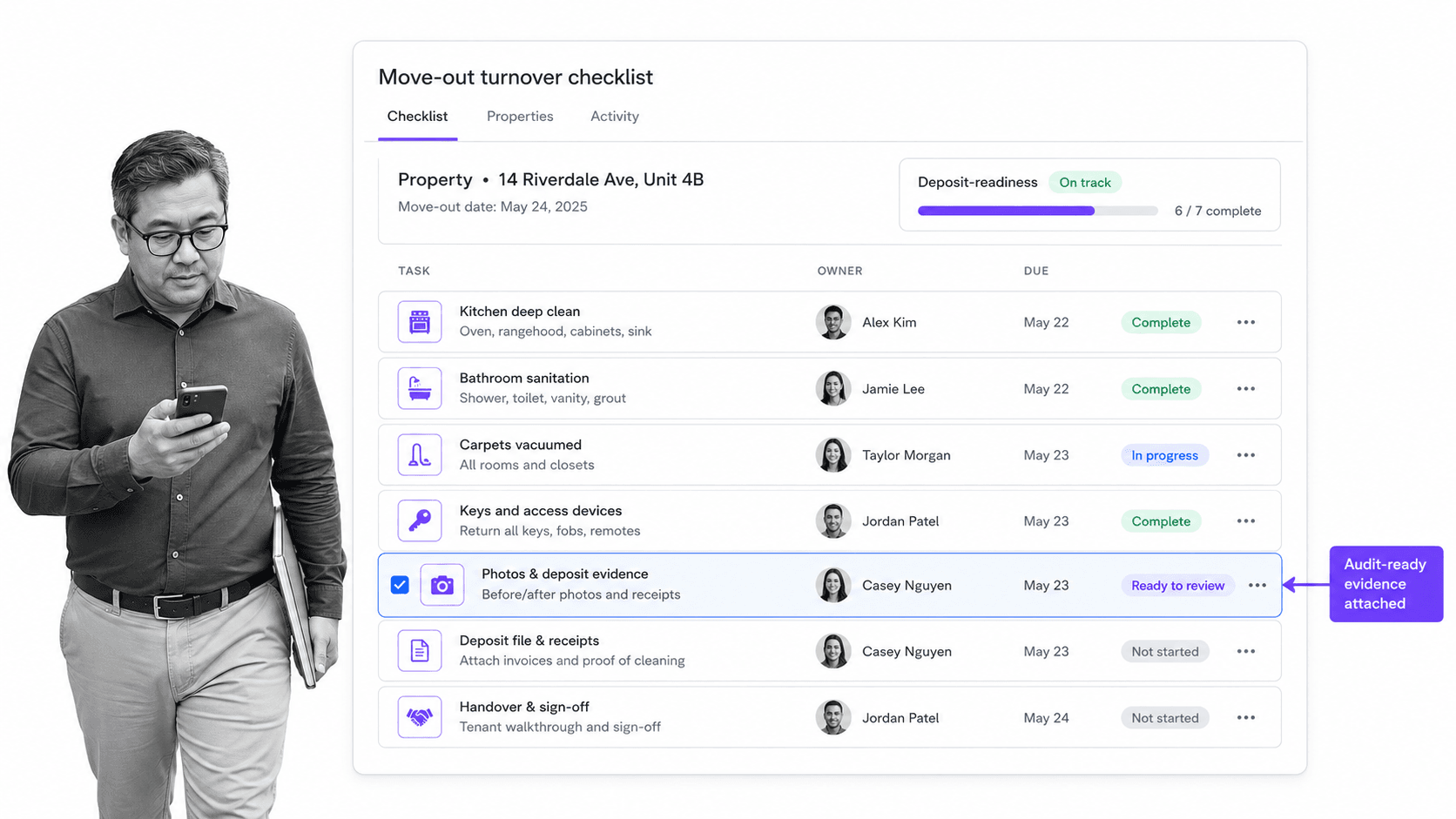 Move-out cleaning checklist UI for tenant and property manager handoffs