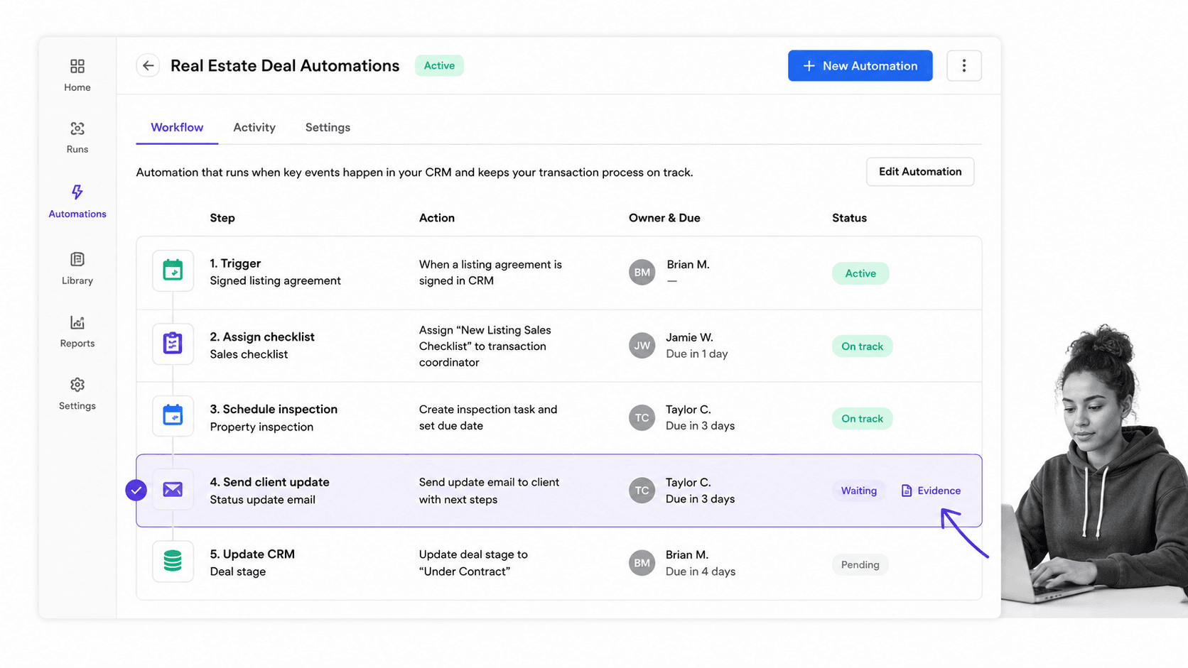 Real estate deal automation UI with assignments and evidence