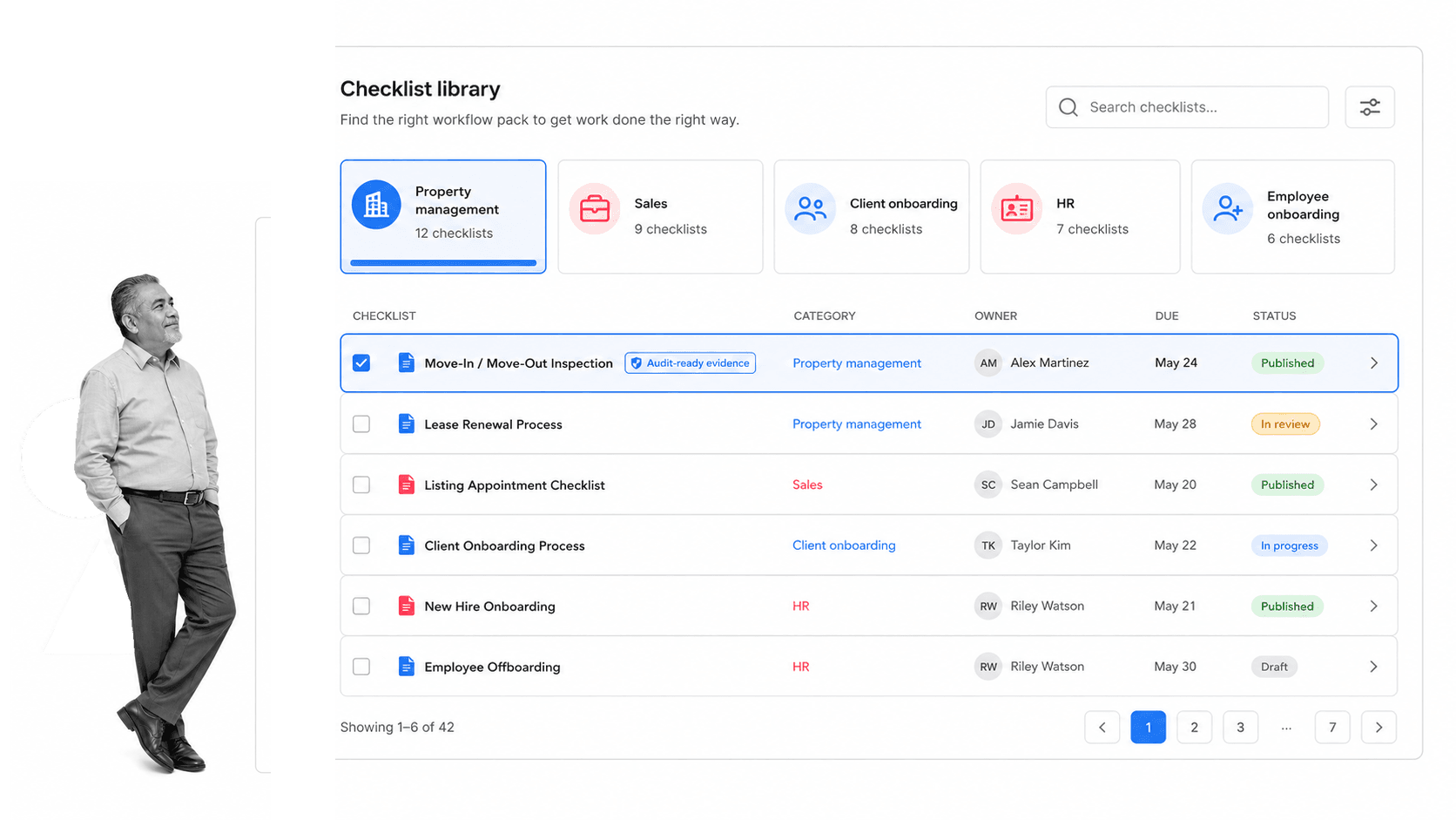 Checklist library UI with related workflow categories