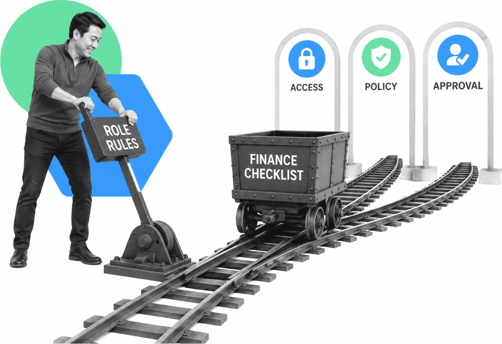 An HR operations lead routes labeled onboarding checklists through role-specific paths.