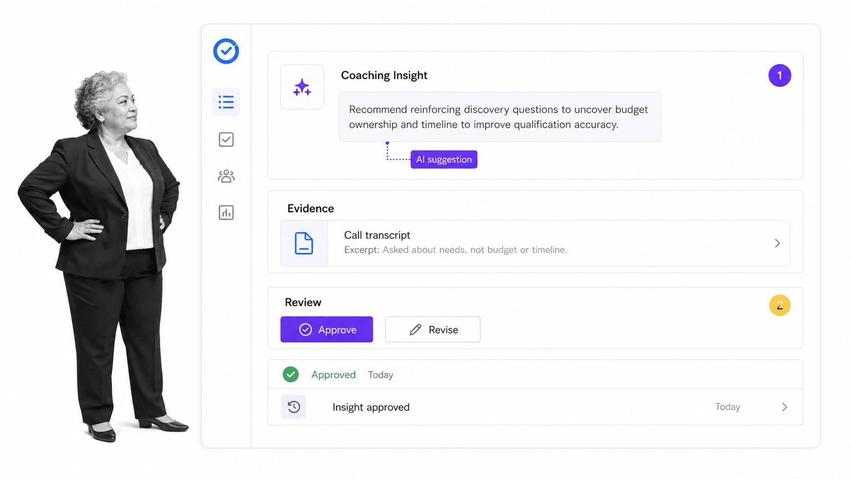AI-assisted sales coaching with evidence and manager approval