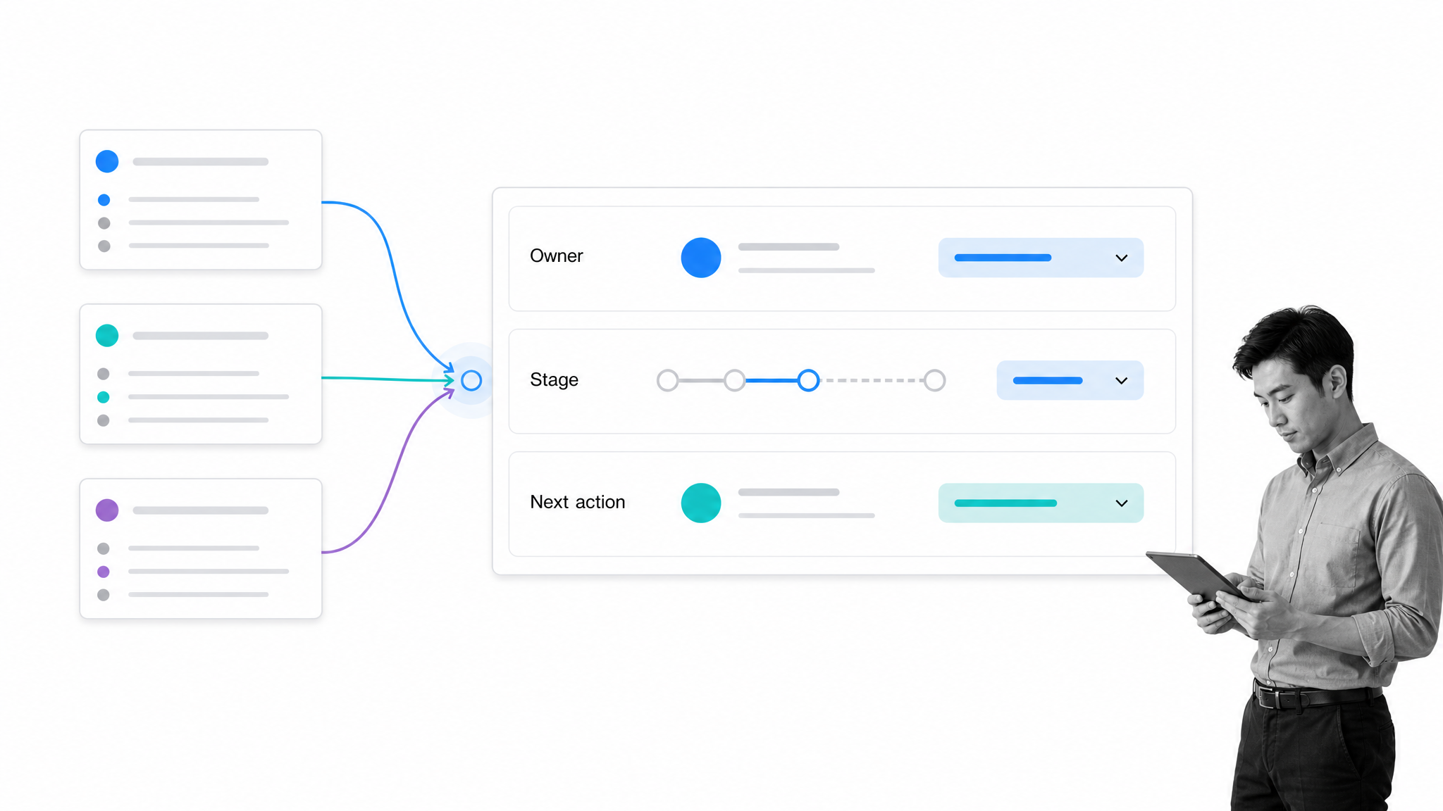 Centralized CRM opportunity record with owner, stage, and next action
