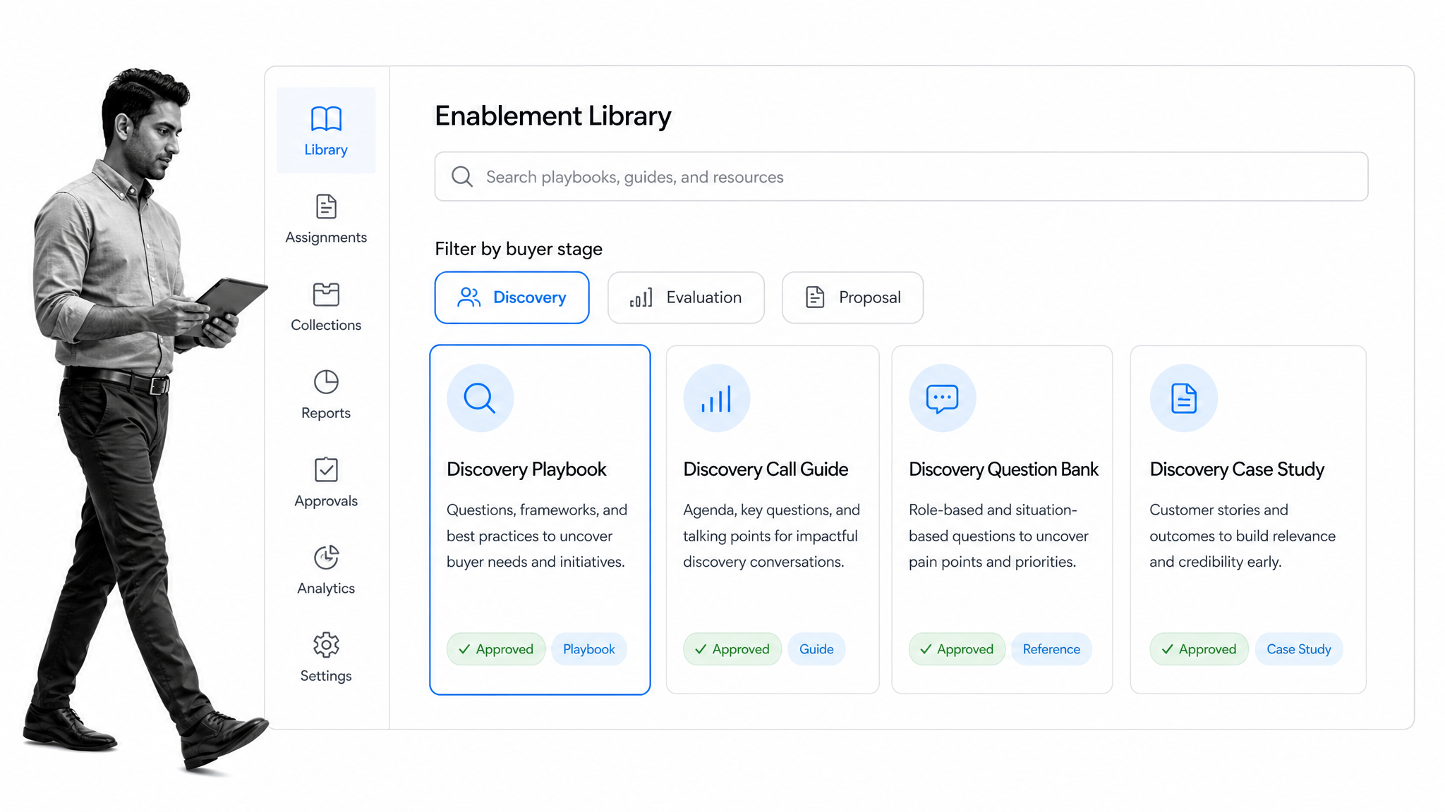 Searchable sales enablement library filtered to the Discovery buyer stage