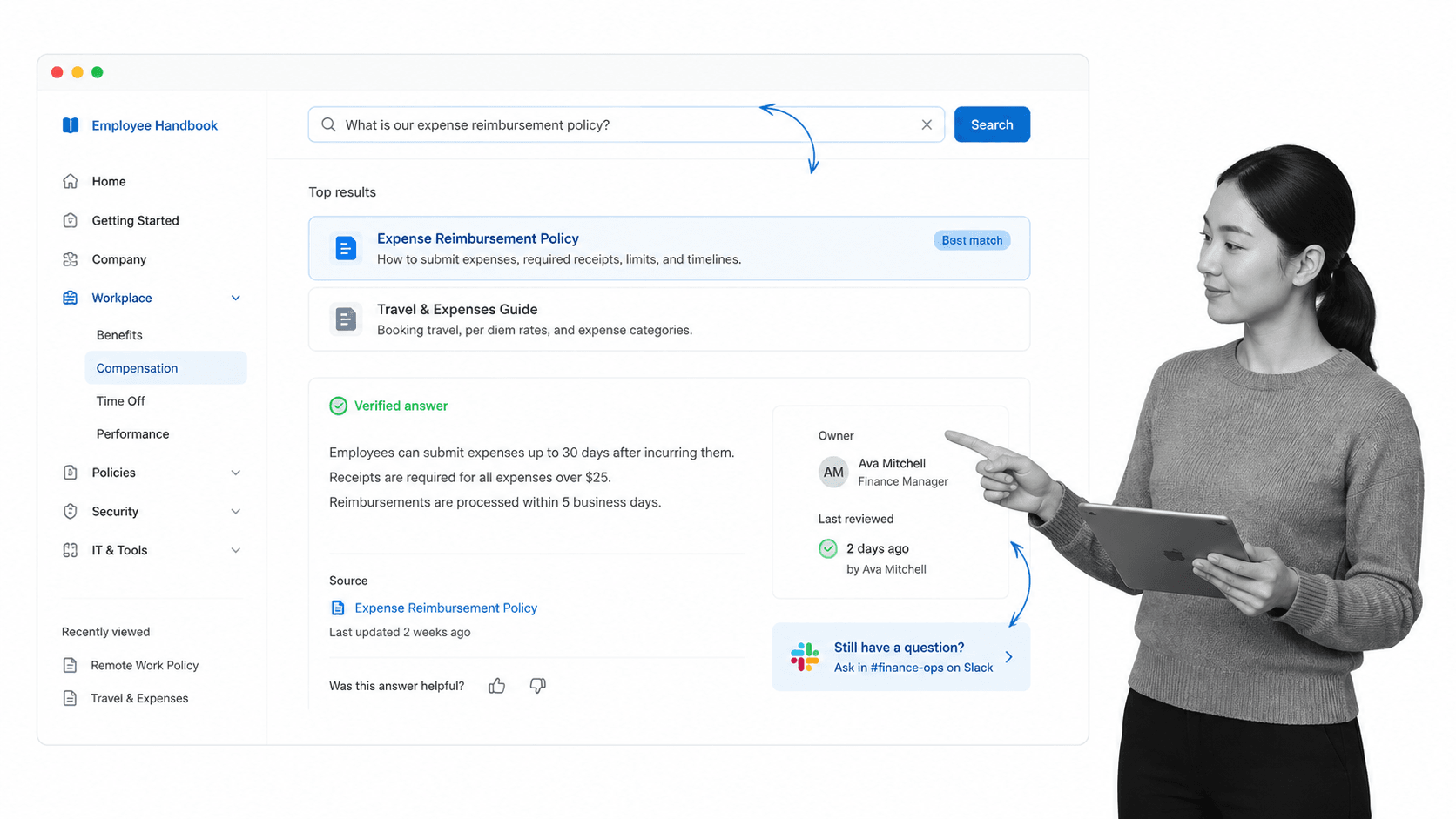 Employee wiki knowledge base interface for scalable business operations