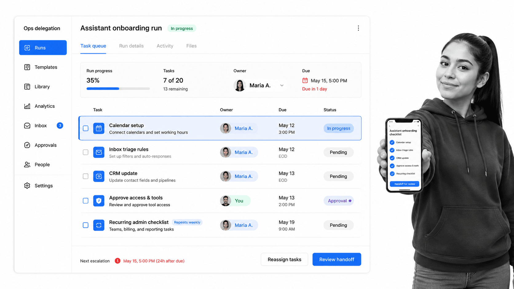Delegation queue for assistant onboarding and recurring admin tasks