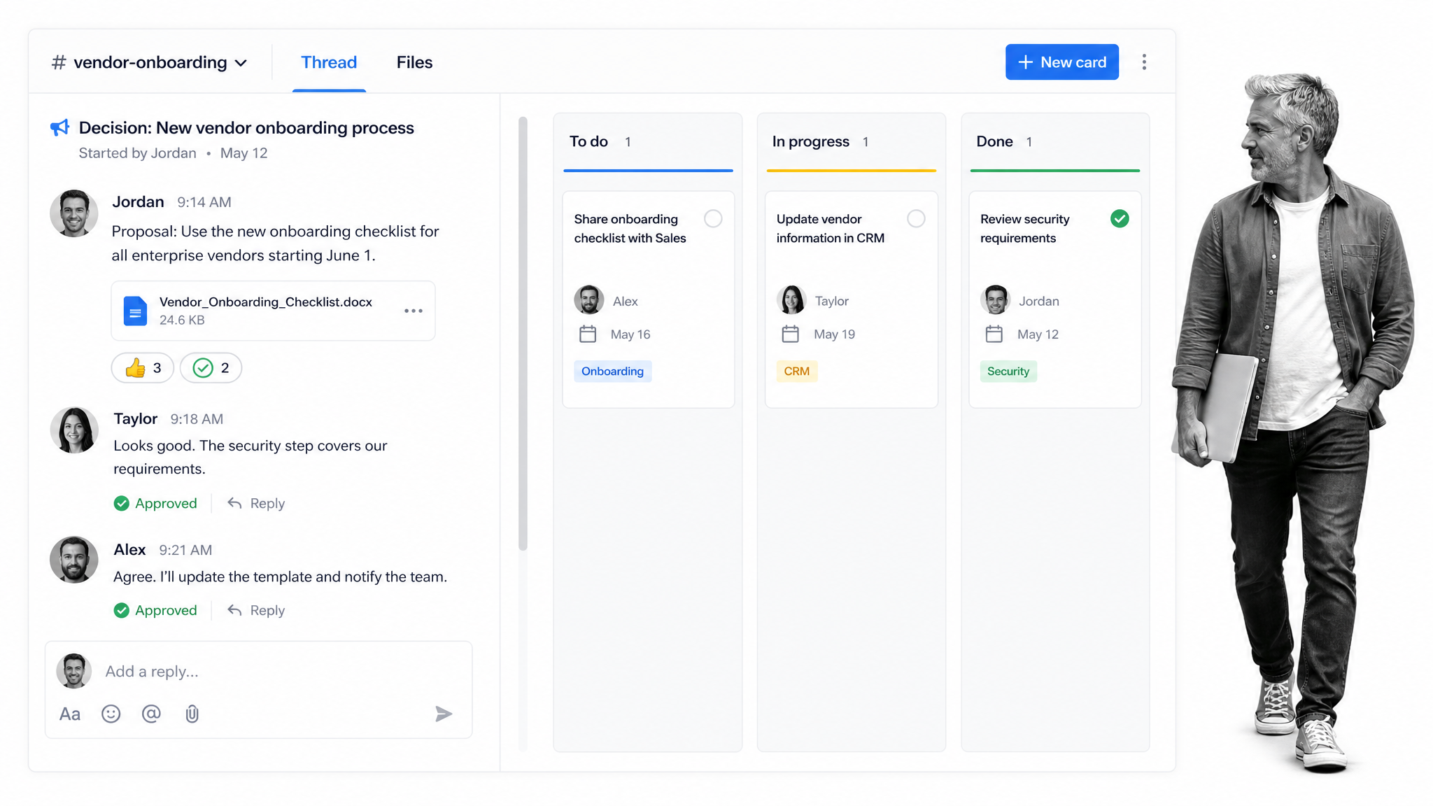 Collaboration workspace linking team decisions to kanban work cards