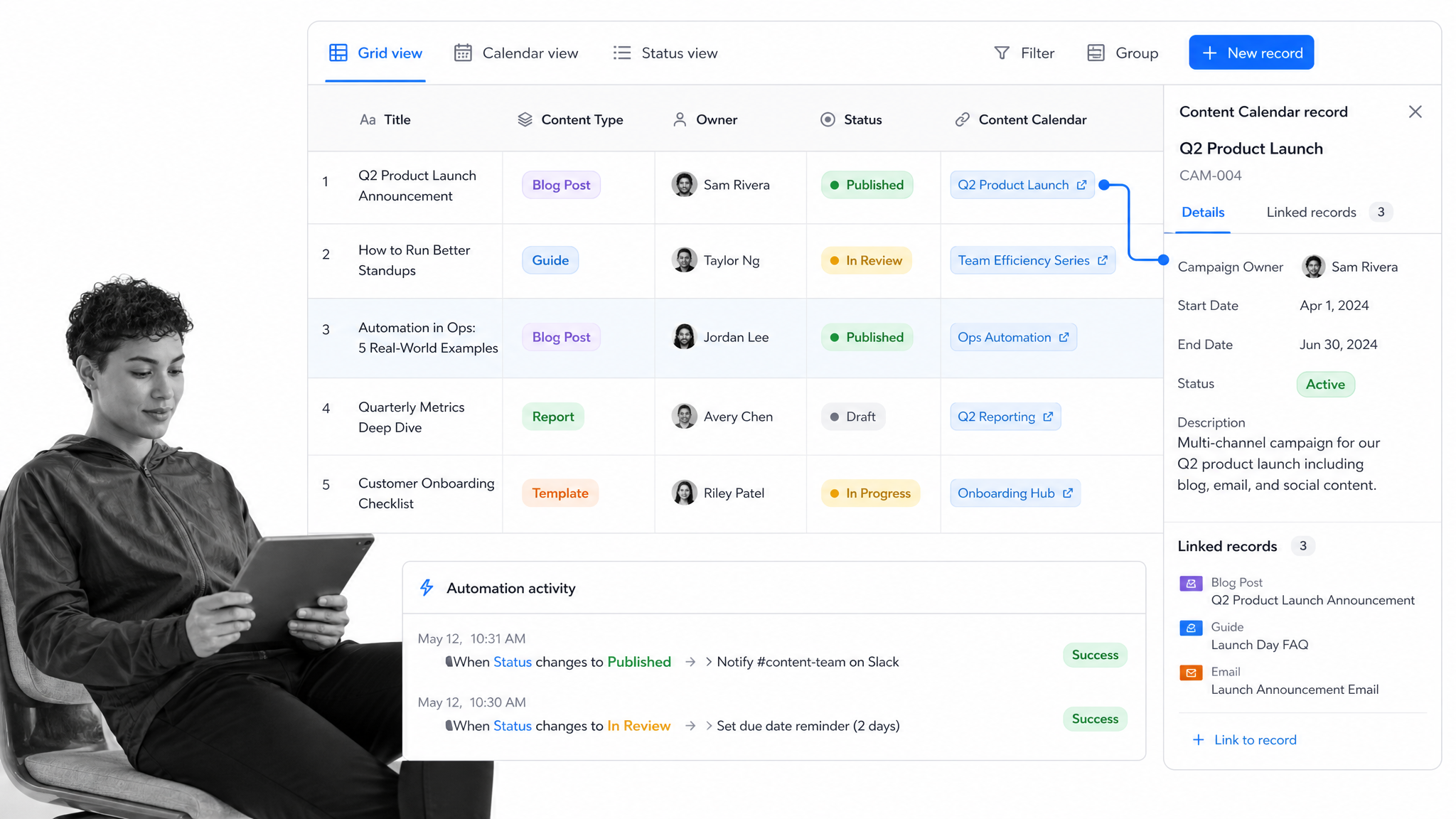 Airtable-style operations database with linked records and automation activity