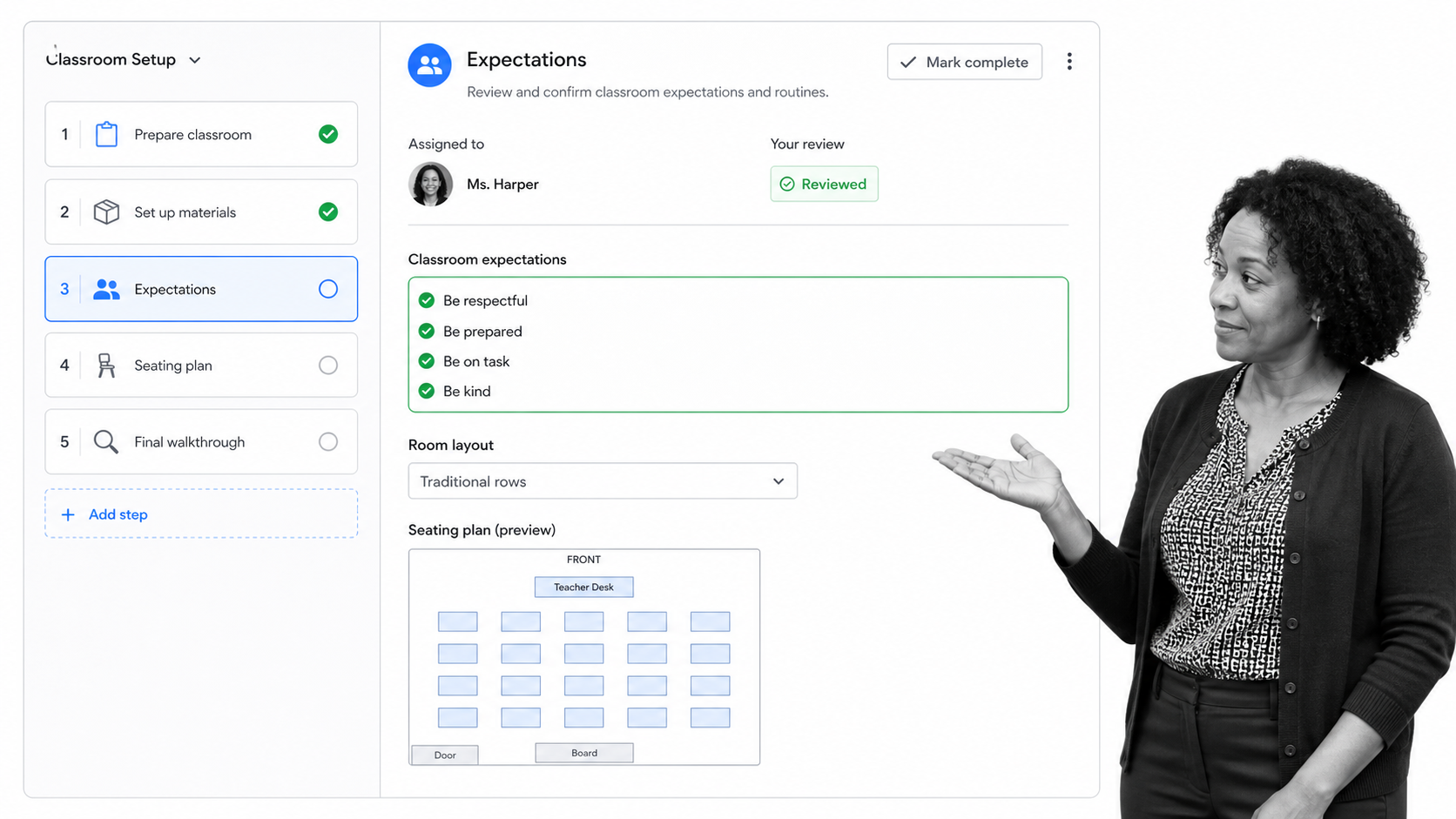 Classroom teacher reviewing expectations in a classroom management workflow