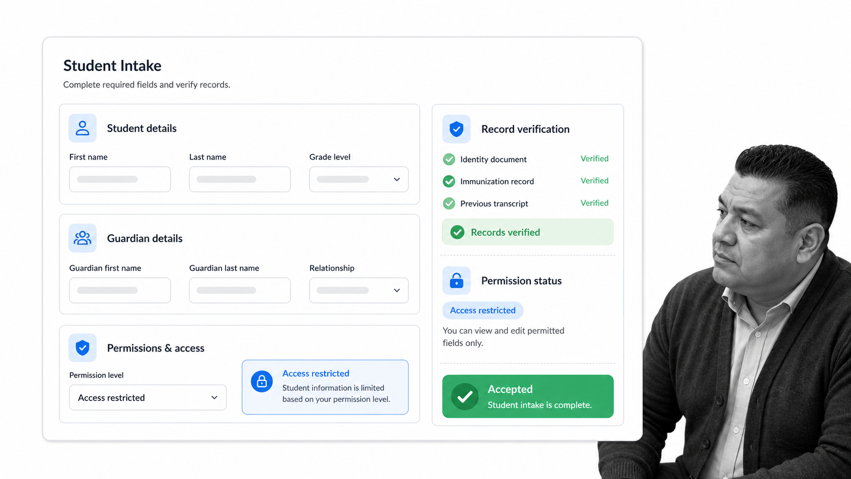 Registrar verifying records in a student registration intake workflow