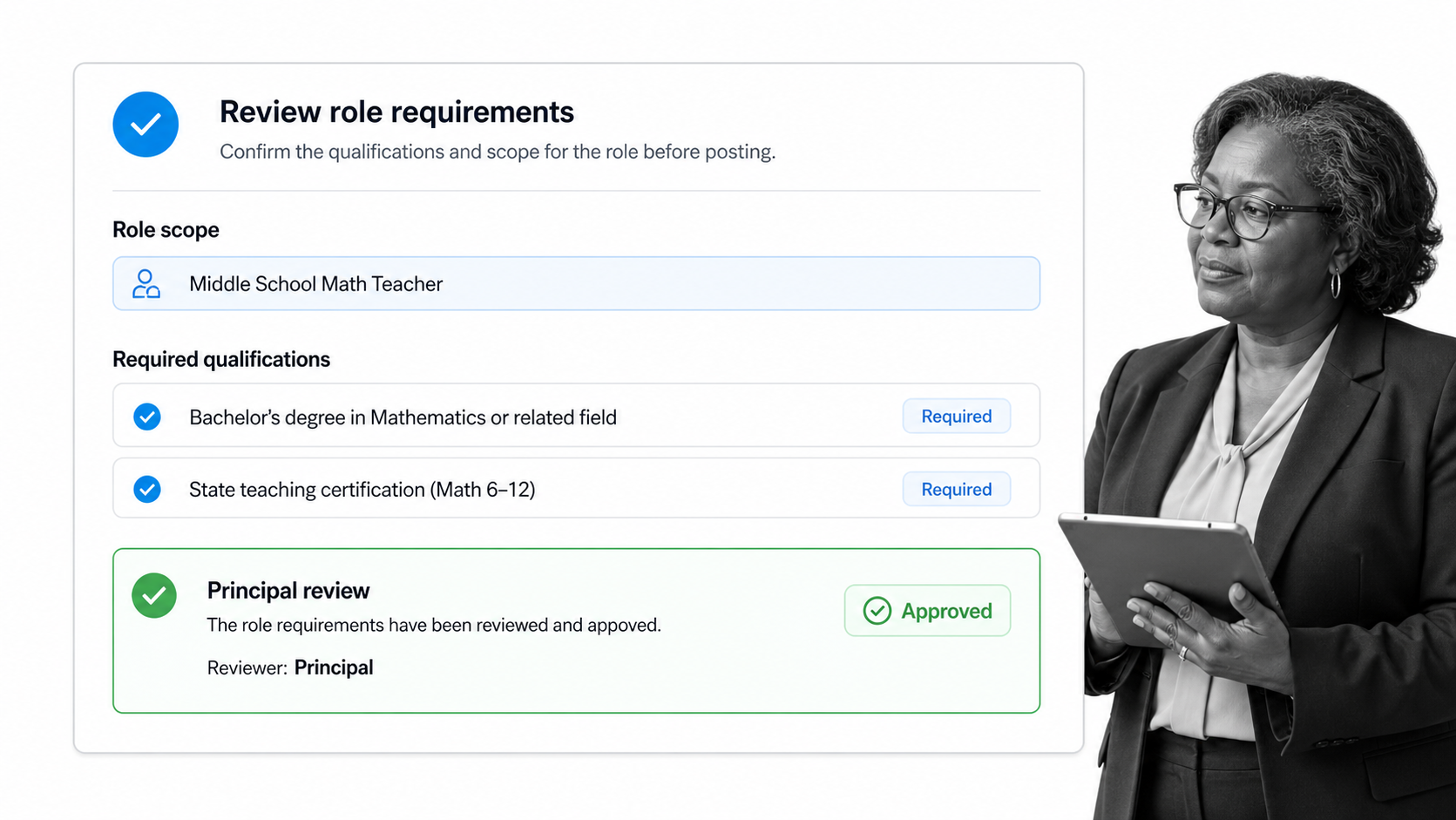 Principal reviewing qualification fields in a teacher hiring approval workflow
