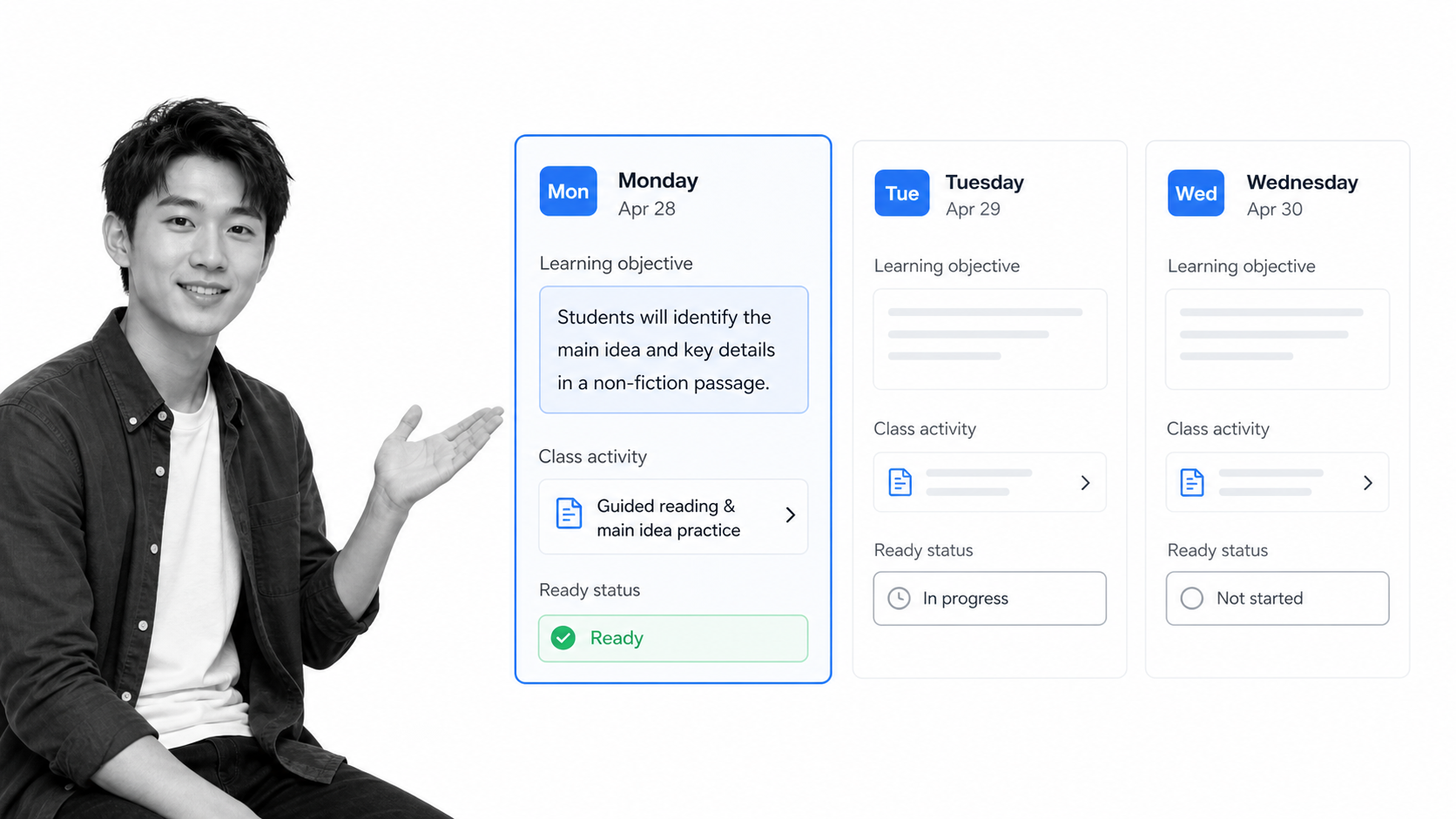 Teacher reviewing a Monday lesson card in a weekly planning workflow