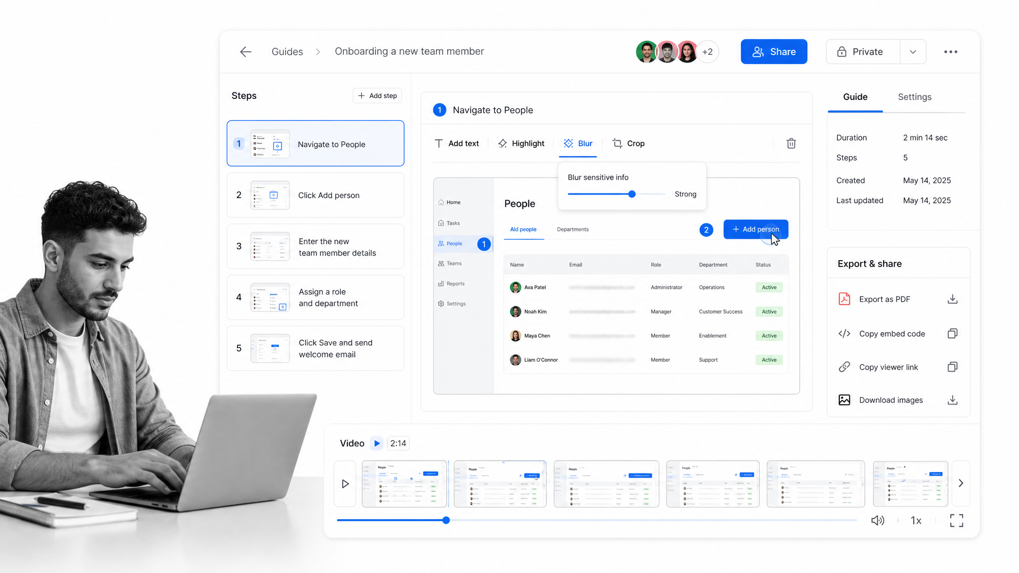 Dubble browser-captured guide with screenshot editing, video, and redaction