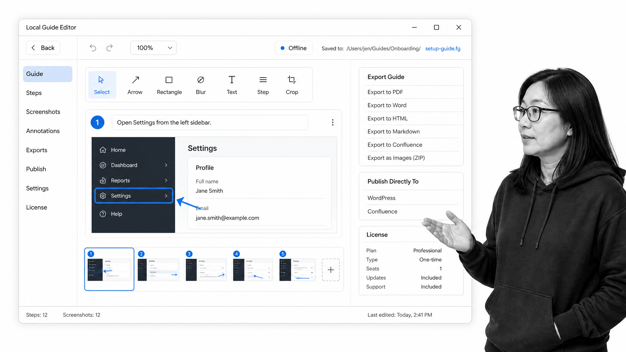 Folge local desktop guide editor with annotations and export targets