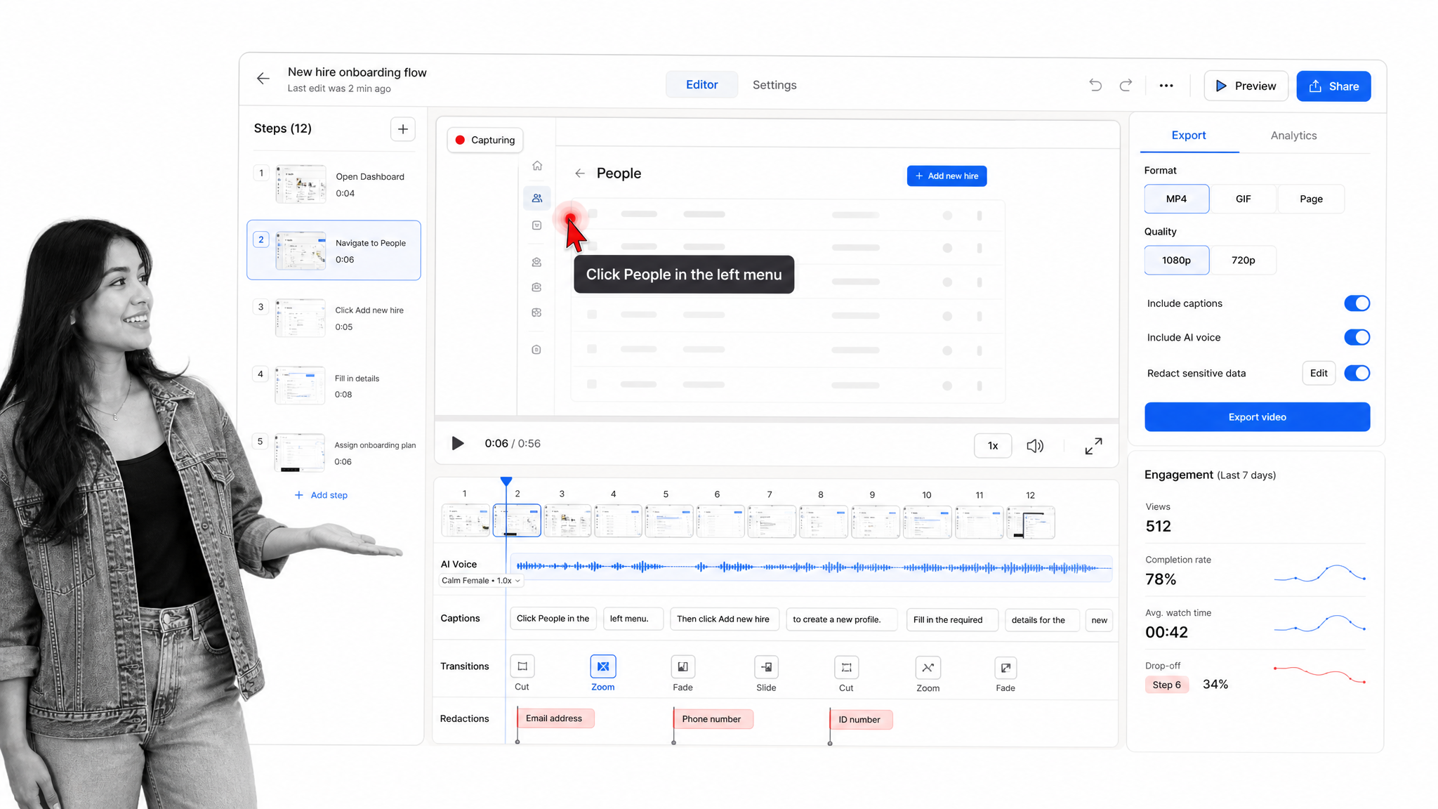 Guidde video how-to editor with voice track, captions, and analytics