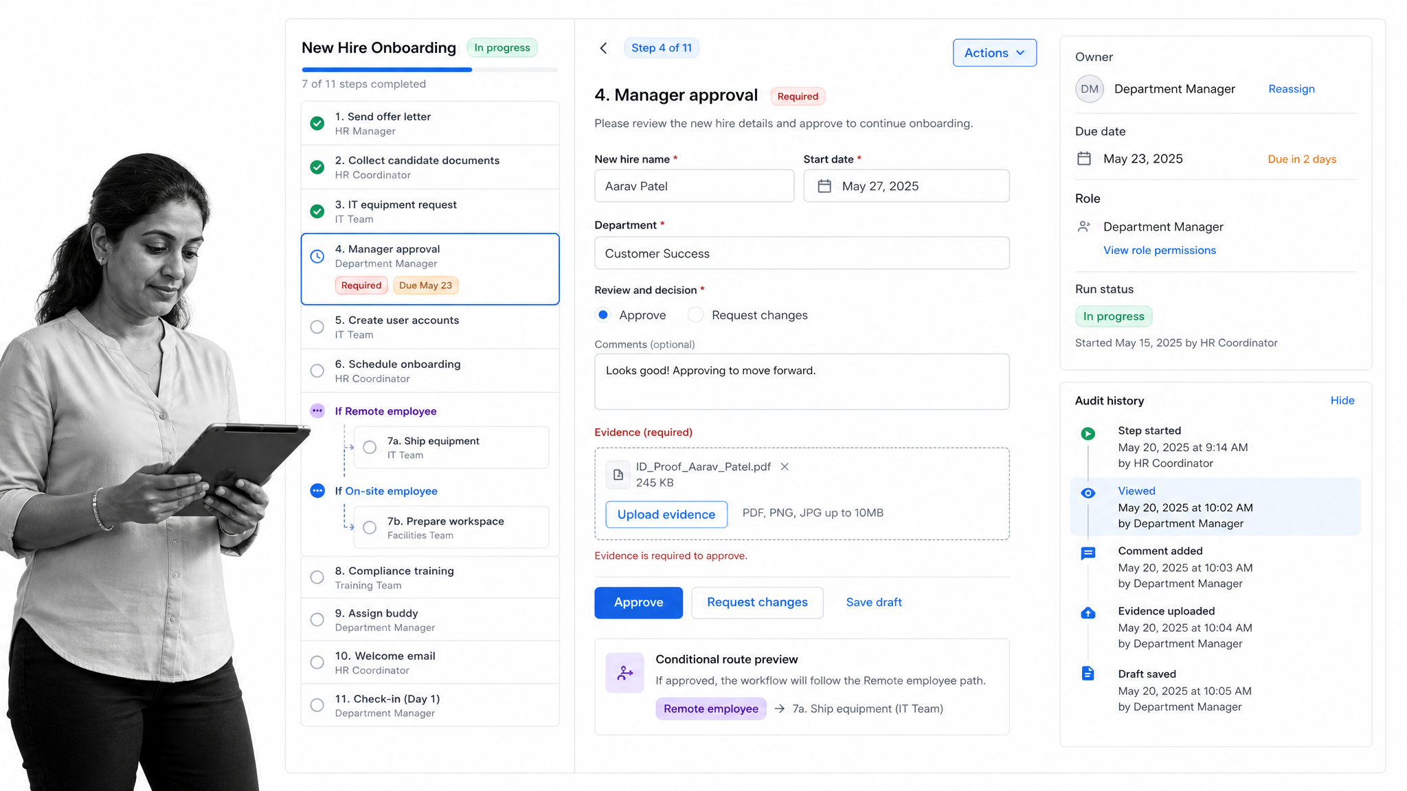 Process Street workflow run with required steps, approval, evidence, conditional routing, and audit history