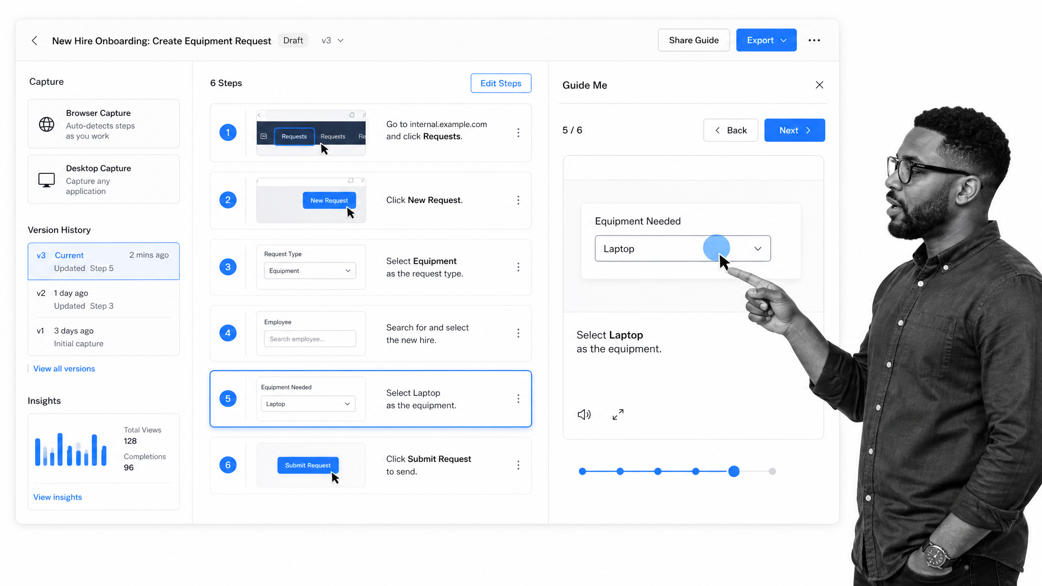 Tango captured workflow editor with numbered steps and in-app guidance