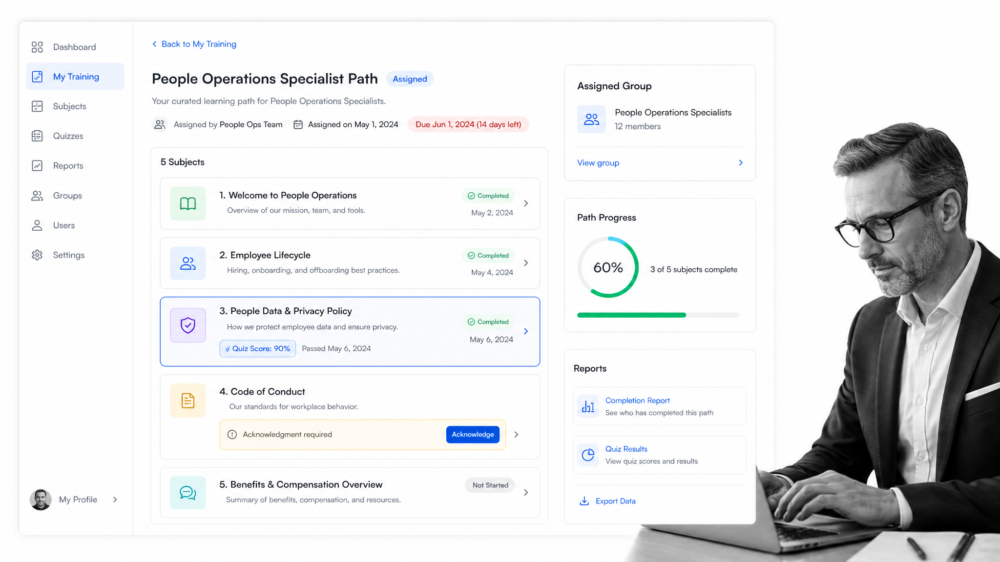 Trainual employee learning path with quiz and completion tracking