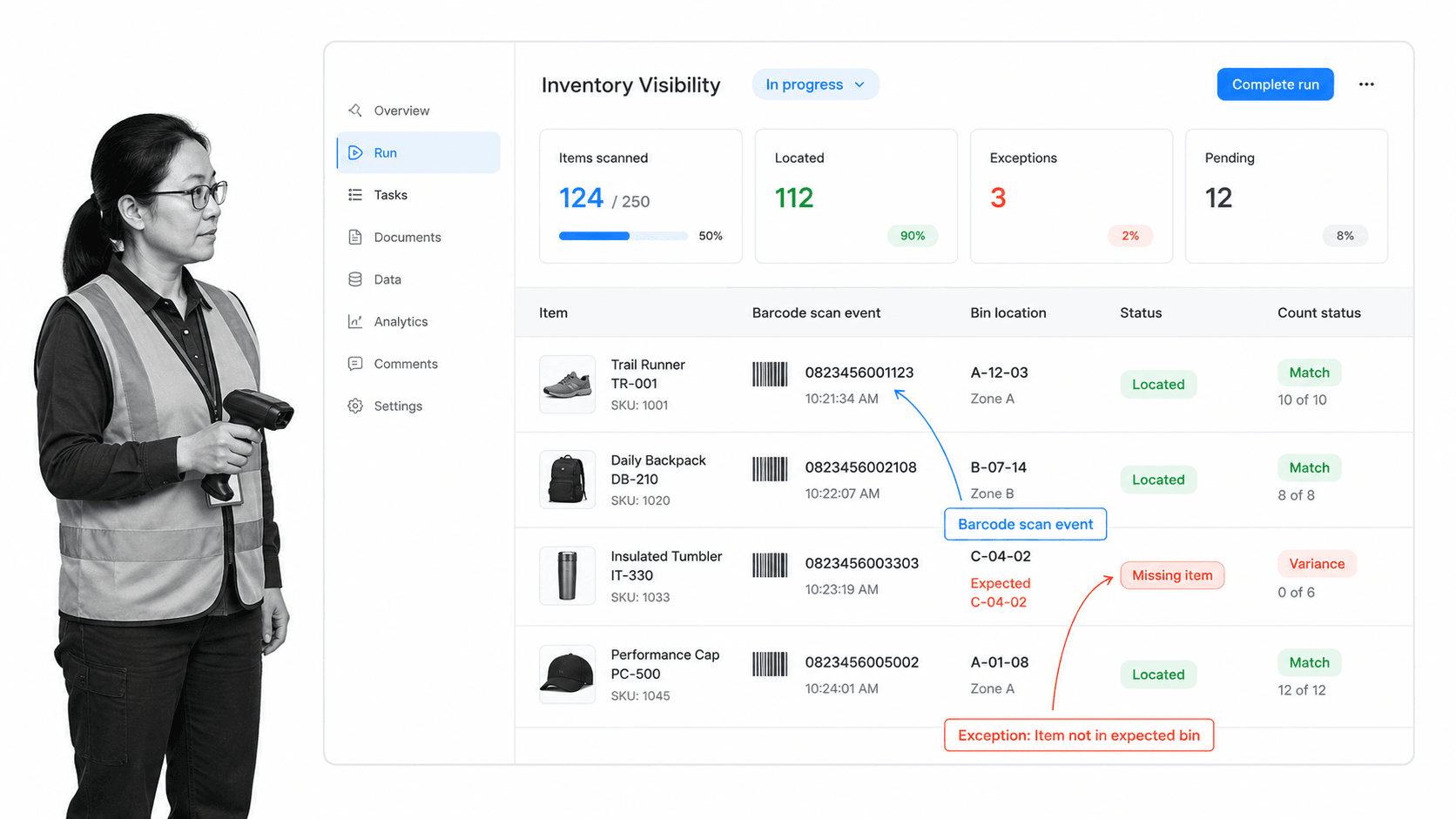 Process Street inventory visibility workflow with barcode scans and bin locations