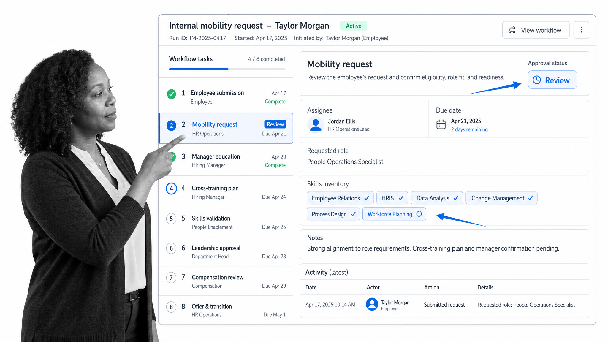 Process Street workflow screen for reviewing an internal mobility request.