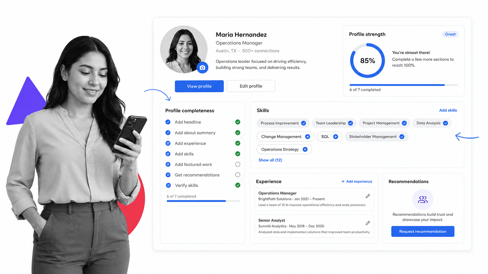Professional LinkedIn profile completeness checklist with a black and white person reviewing profile details