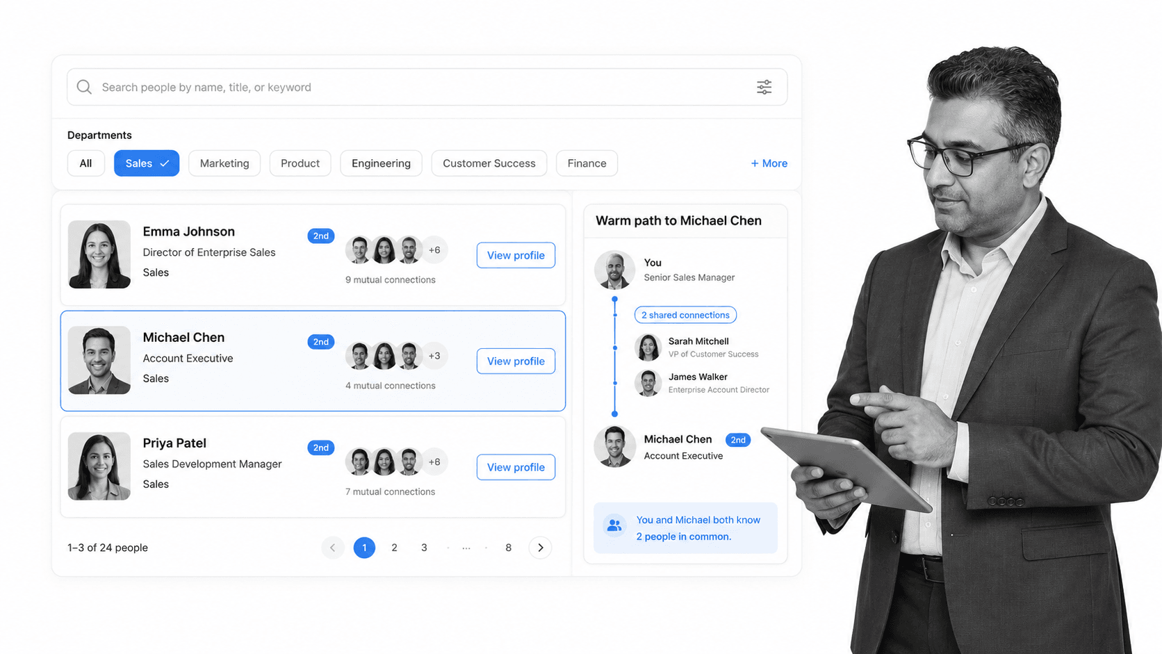 People search interface showing employee network paths with a black and white person reviewing contacts