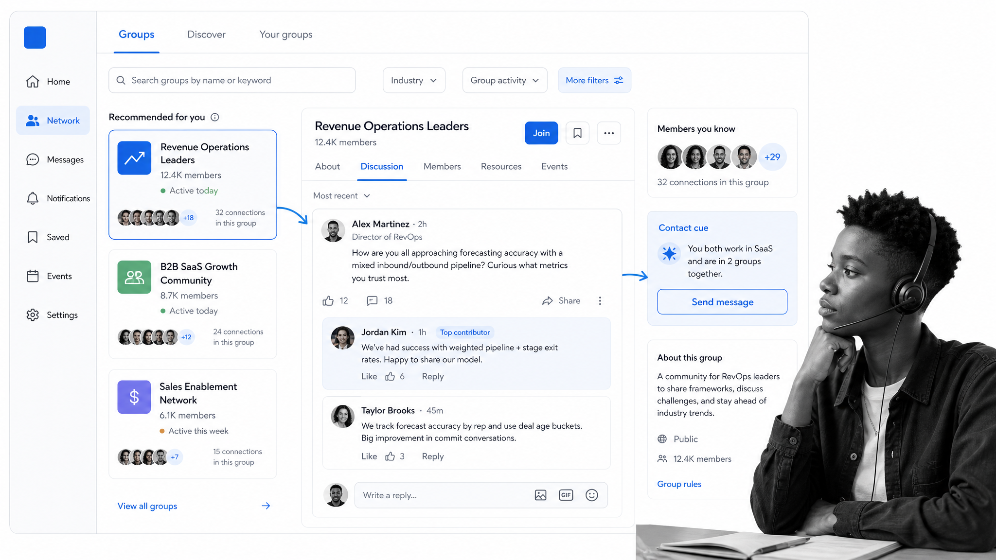 Professional groups discussion interface with a black and white person listening at the edge