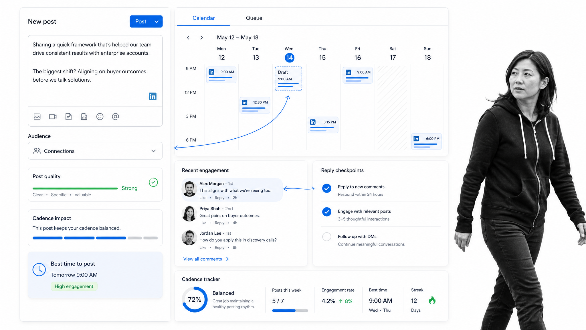 Daily professional update calendar and feed with a black and white person reviewing a content plan