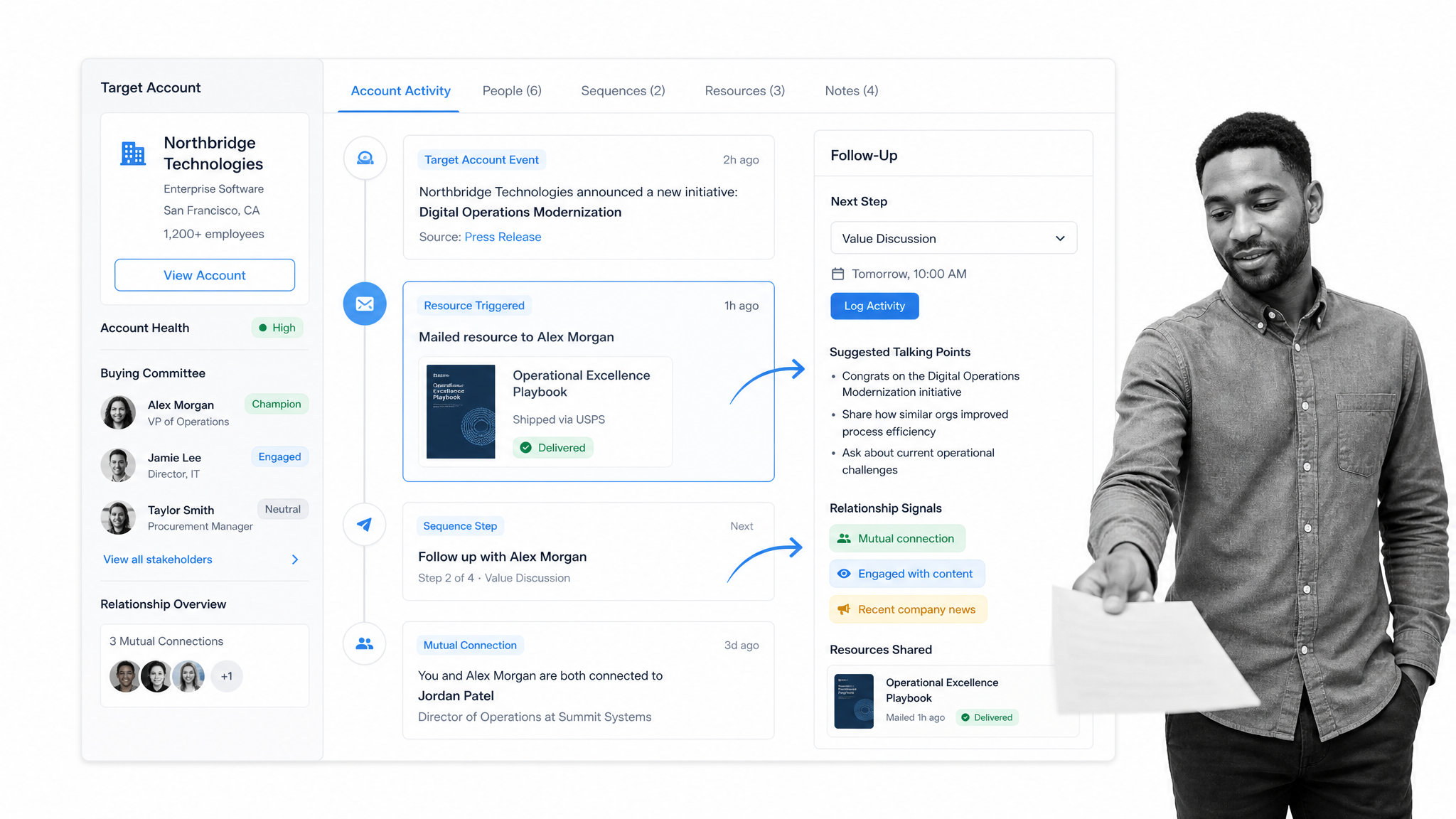 Account based outreach workspace with a black and white person coordinating follow up channels