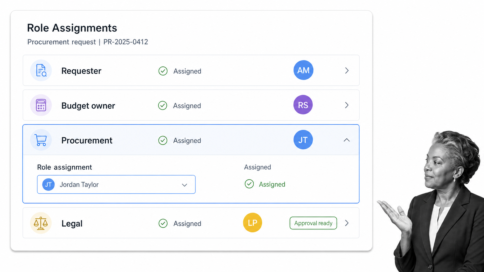 Role assignments for requester, budget owner, procurement, and legal review in a procurement workflow
